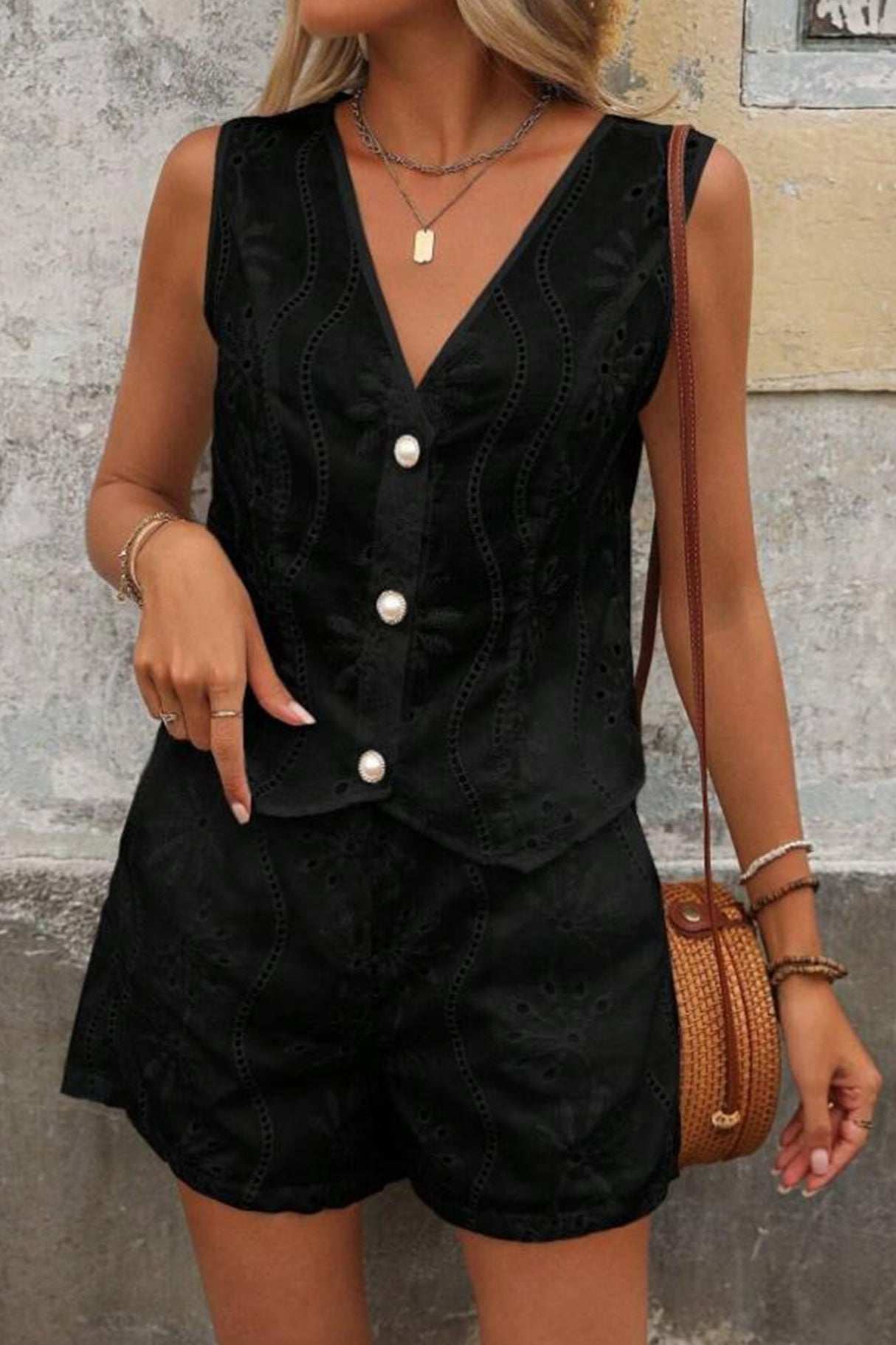 Arolora V Neck Embroidery Hollow Out Vest Set