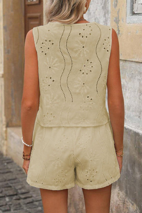 Arolora V Neck Embroidery Hollow Out Vest Set