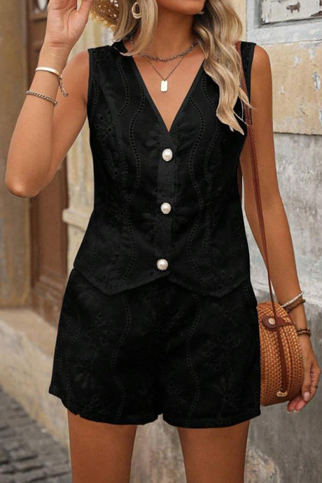 Arolora V Neck Embroidery Hollow Out Vest Set