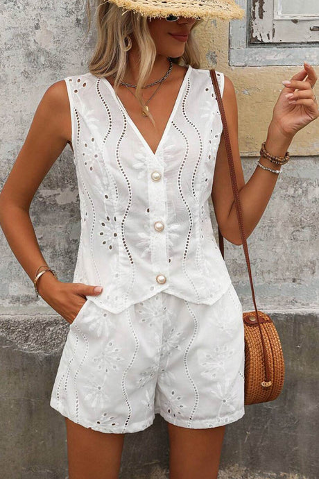 Arolora V Neck Embroidery Hollow Out Vest Set