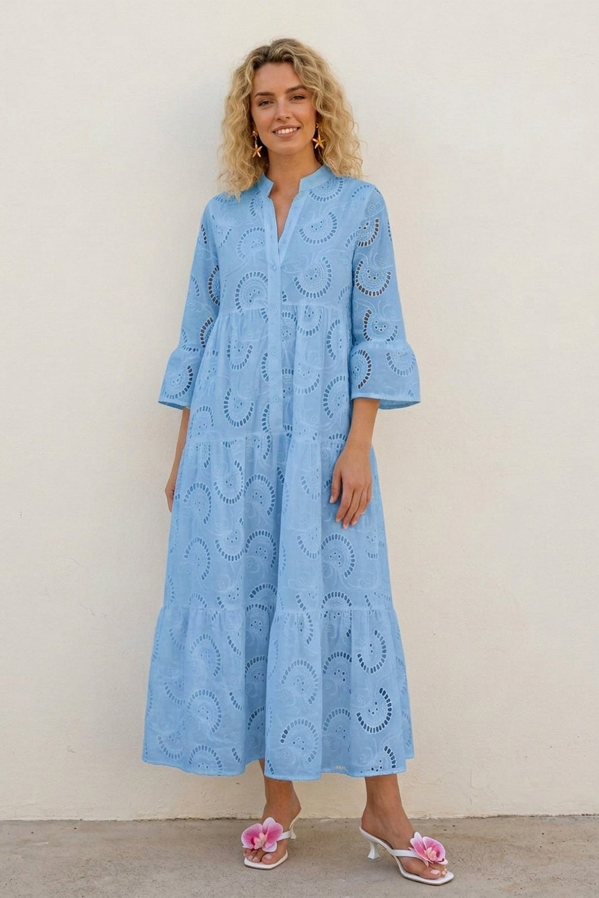 V Neck Flares Sleeve Embroidery Cotton Dress