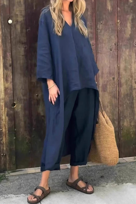 Arolora V Neck High Low Shirt Pants Set