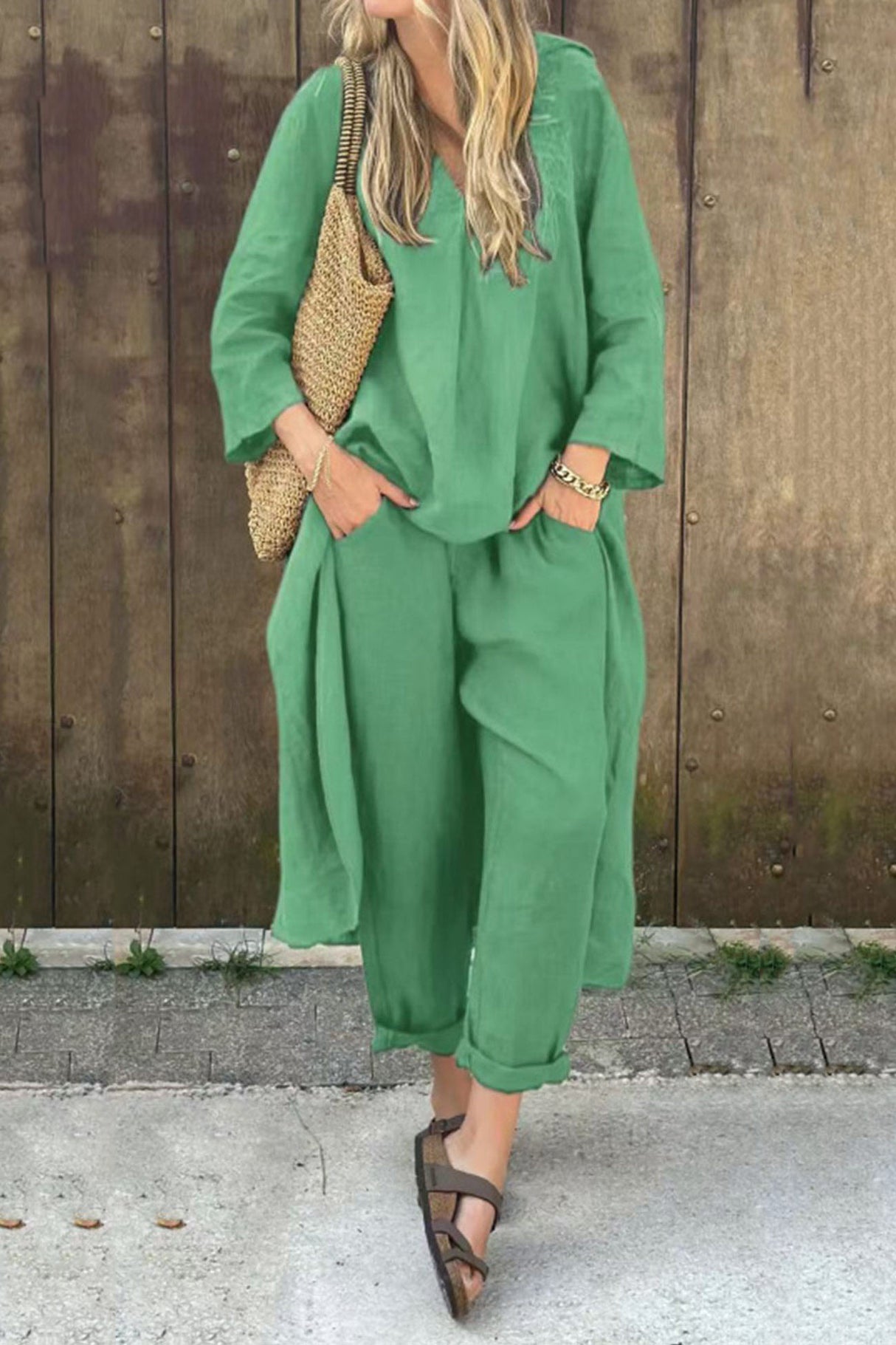 Arolora V Neck High Low Shirt Pants Set