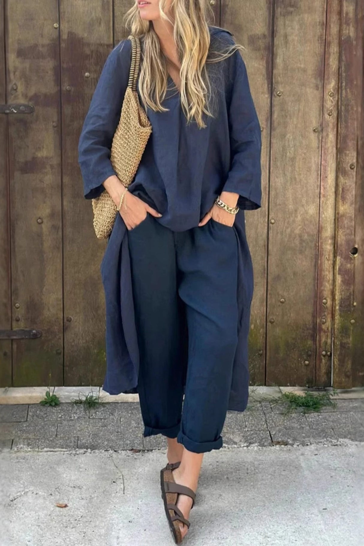 Arolora V Neck High Low Shirt Pants Set