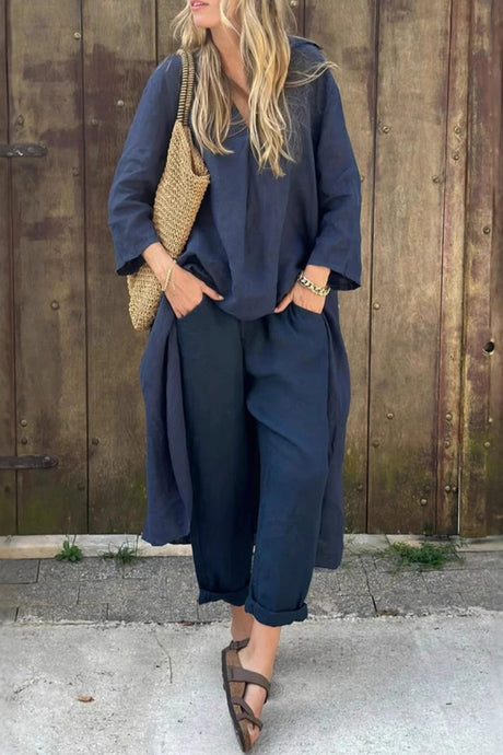 Arolora V Neck High Low Shirt Pants Set