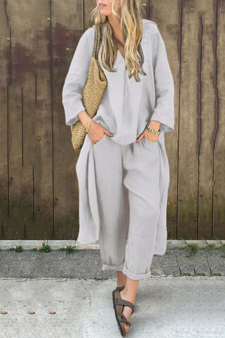 Arolora V Neck High Low Shirt Pants Set