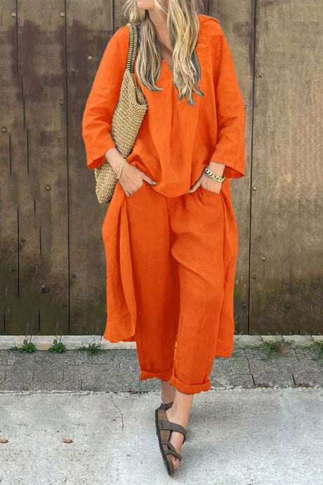 Arolora V Neck High Low Shirt Pants Set