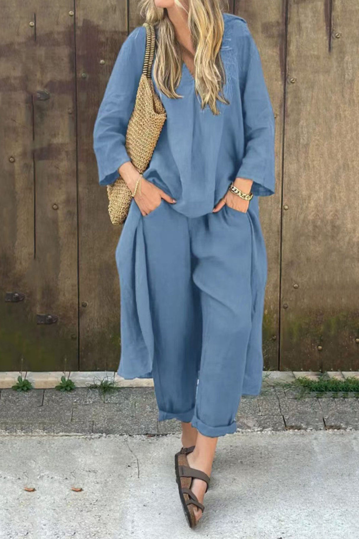 Arolora V Neck High Low Shirt Pants Set