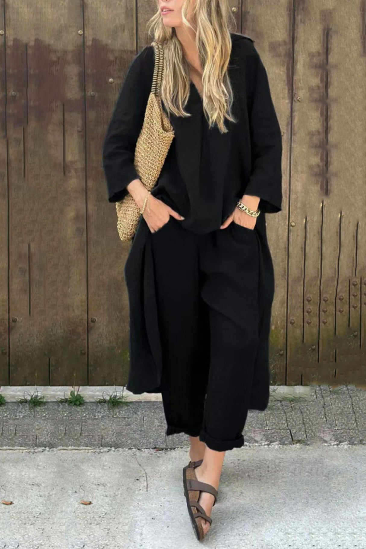 Arolora V Neck High Low Shirt Pants Set