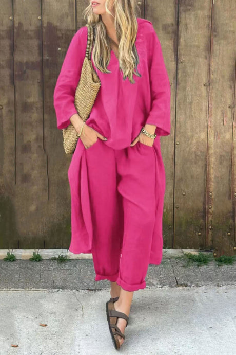 Arolora V Neck High Low Shirt Pants Set