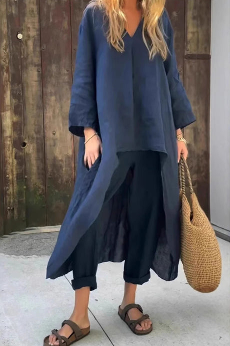 Arolora V Neck High Low Shirt Pants Set