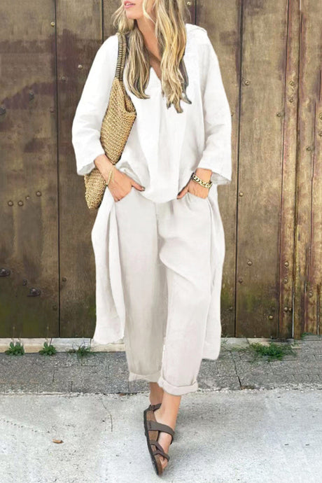 Arolora V Neck High Low Shirt Pants Set