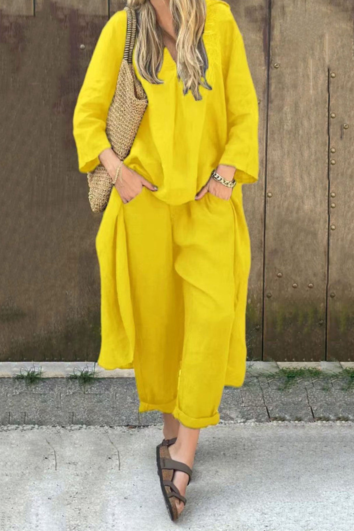 Arolora V Neck High Low Shirt Pants Set