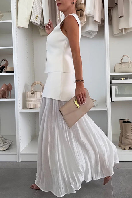 Arolora V Neck Knit Tank Top Patchwork Pleated Skirt Set