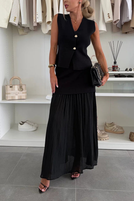 Arolora V Neck Knit Tank Top Patchwork Pleated Skirt Set