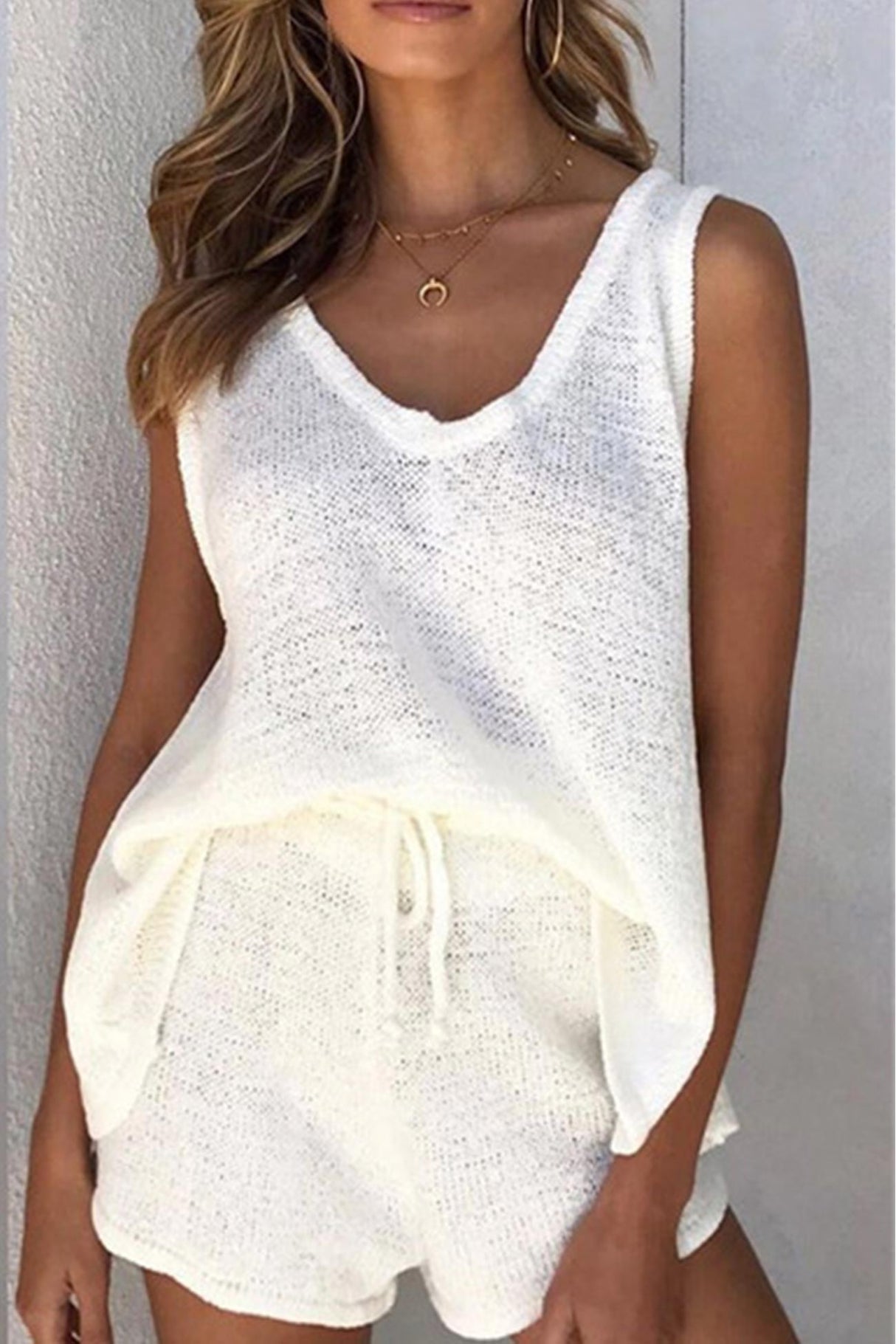 V Neck Knit Tank Top Shorts Suits