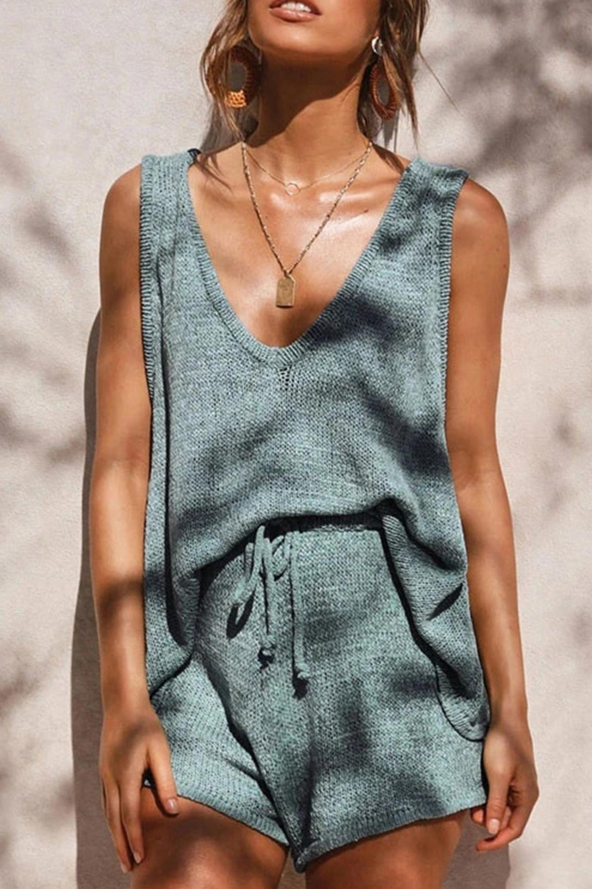 V Neck Knit Tank Top Shorts Suits