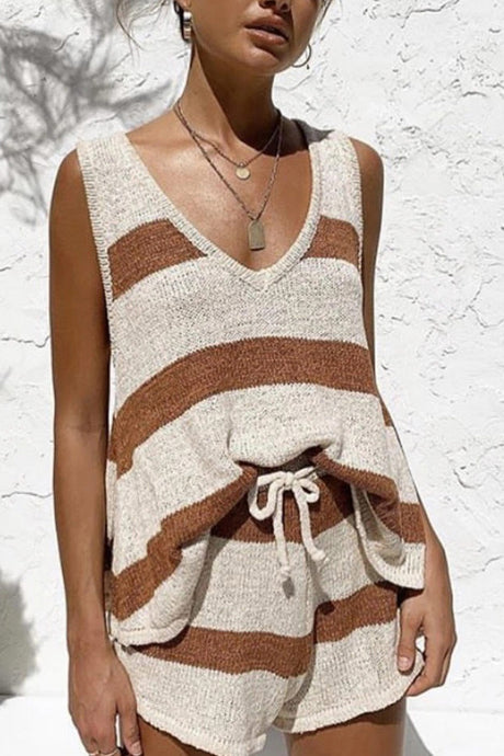 V Neck Knit Tank Top Shorts Suits
