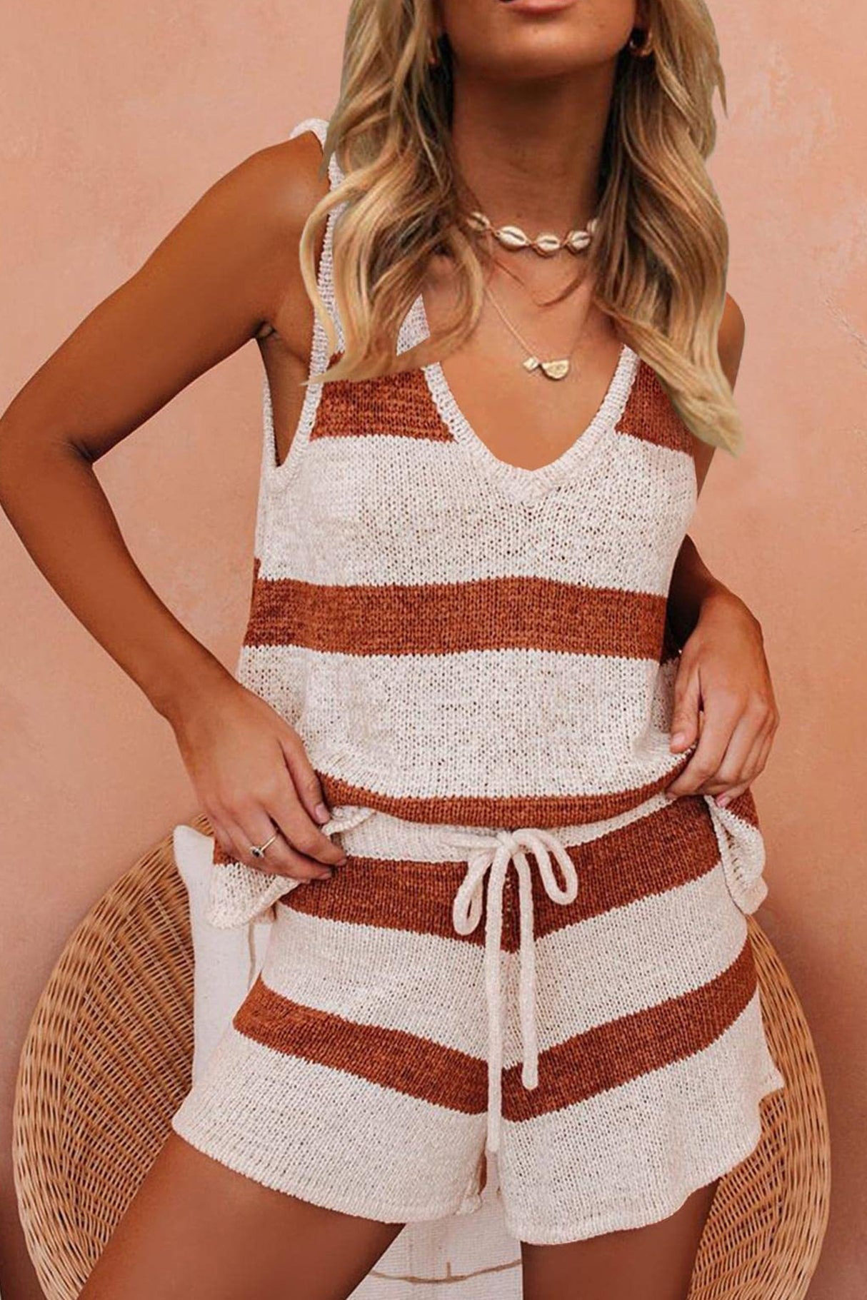 V Neck Knit Tank Top Shorts Suits