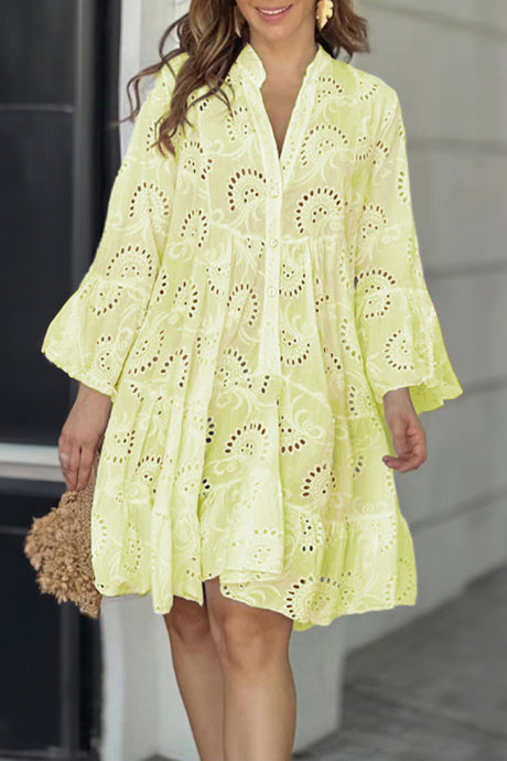 Arolora V Neck Lace Embroidery Hollow Out Cotton Dress