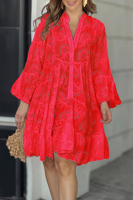 Arolora V Neck Lace Embroidery Hollow Out Cotton Dress