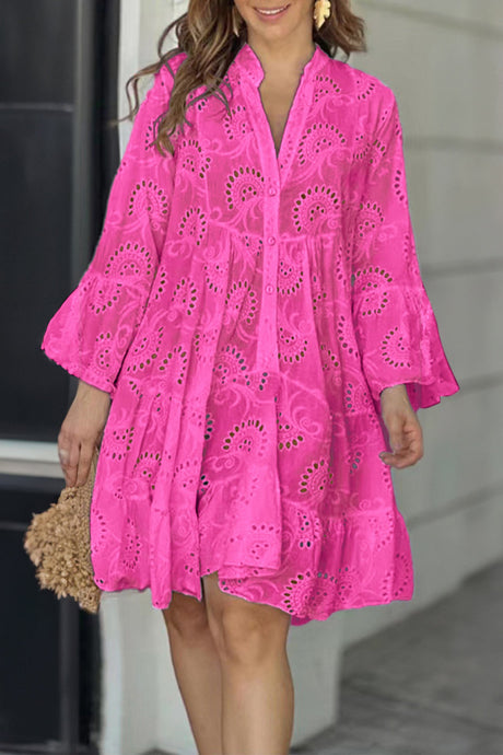 Arolora V Neck Lace Embroidery Hollow Out Cotton Dress
