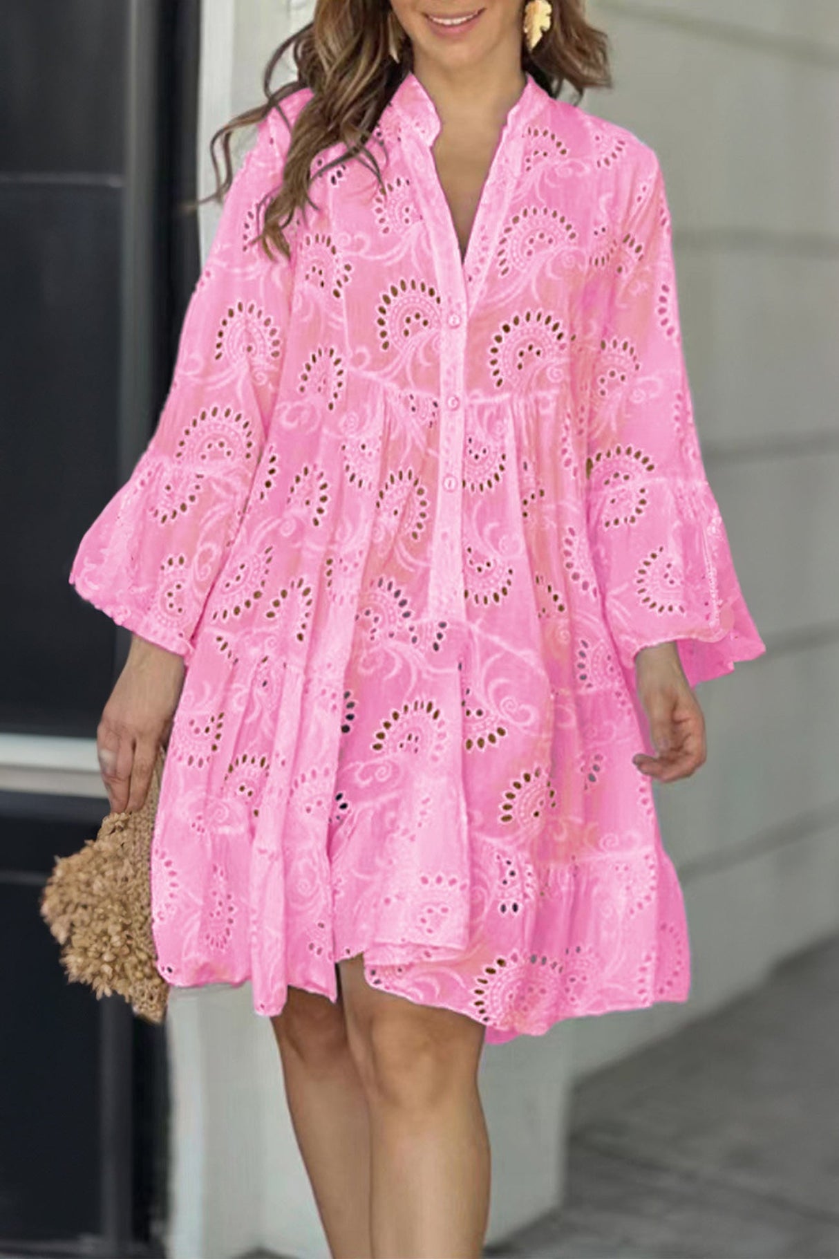 Arolora V Neck Lace Embroidery Hollow Out Cotton Dress