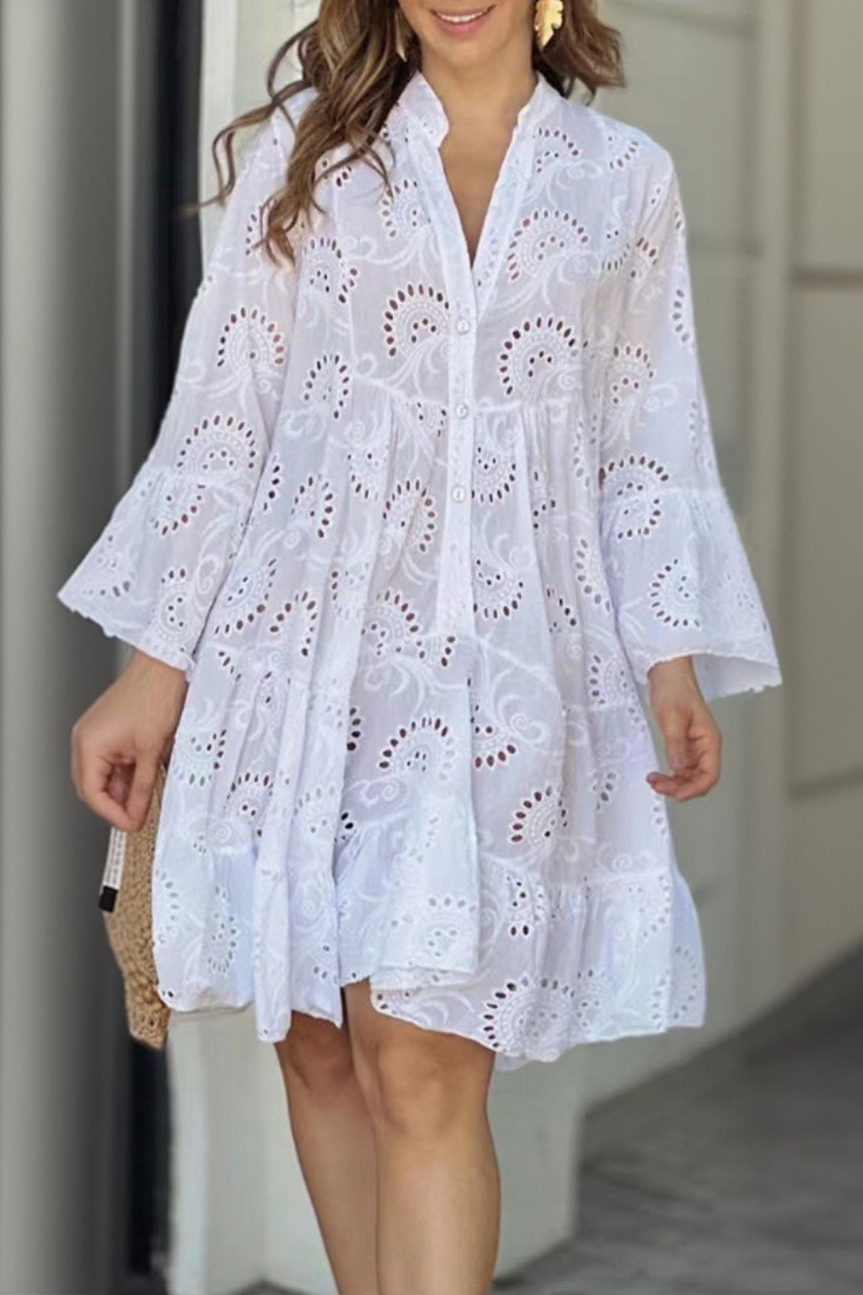 Arolora V Neck Lace Embroidery Hollow Out Cotton Dress