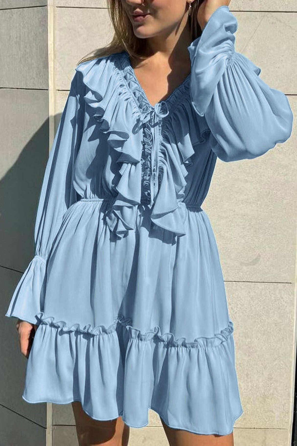 Arolora V Neck Pleated Trumpet Sleeve Ruffle Dress