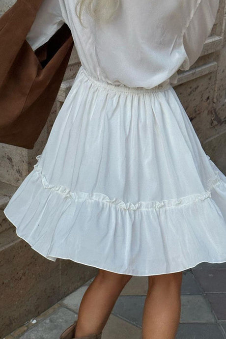 Arolora V Neck Pleated Trumpet Sleeve Ruffle Dress