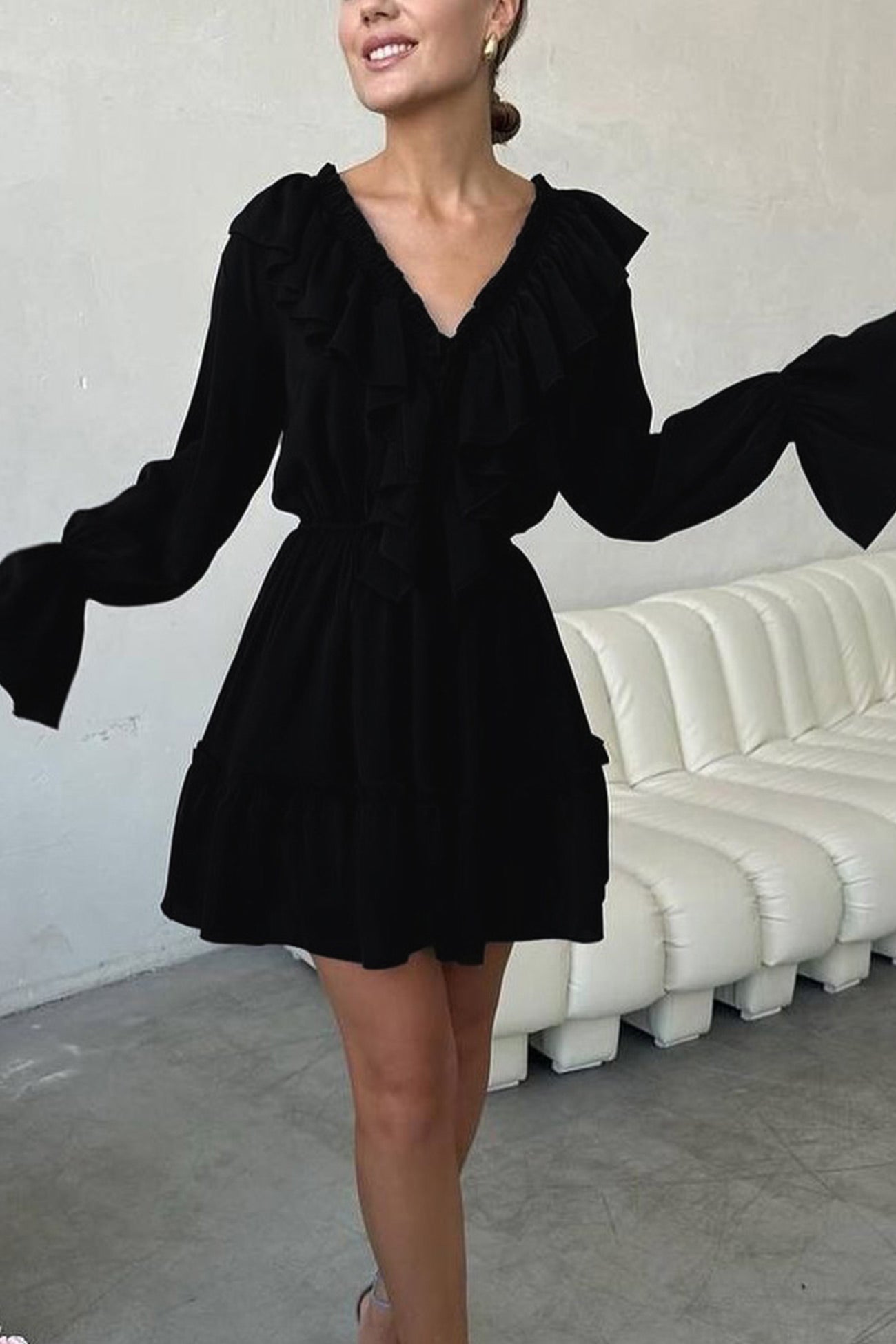 Arolora V Neck Pleated Trumpet Sleeve Ruffle Dress