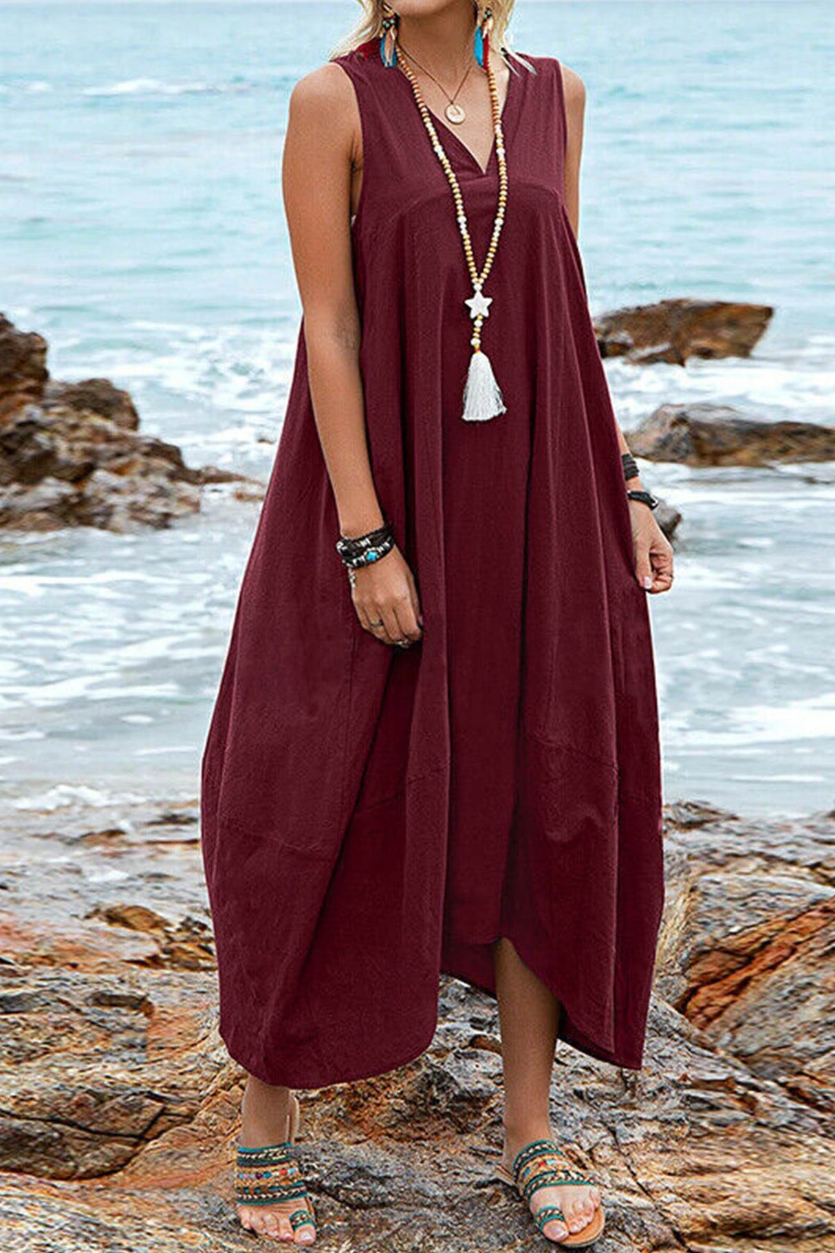 Arolora v-neck-pocketed-large-hem-sundress