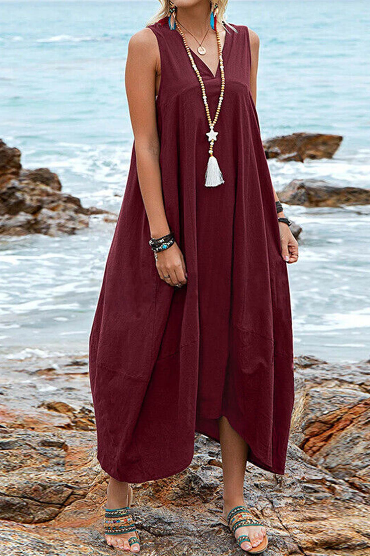 Arolora v-neck-pocketed-large-hem-sundress