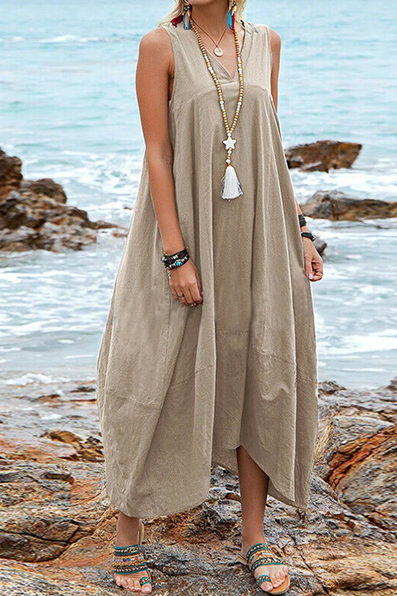 Arolora v-neck-pocketed-large-hem-sundress