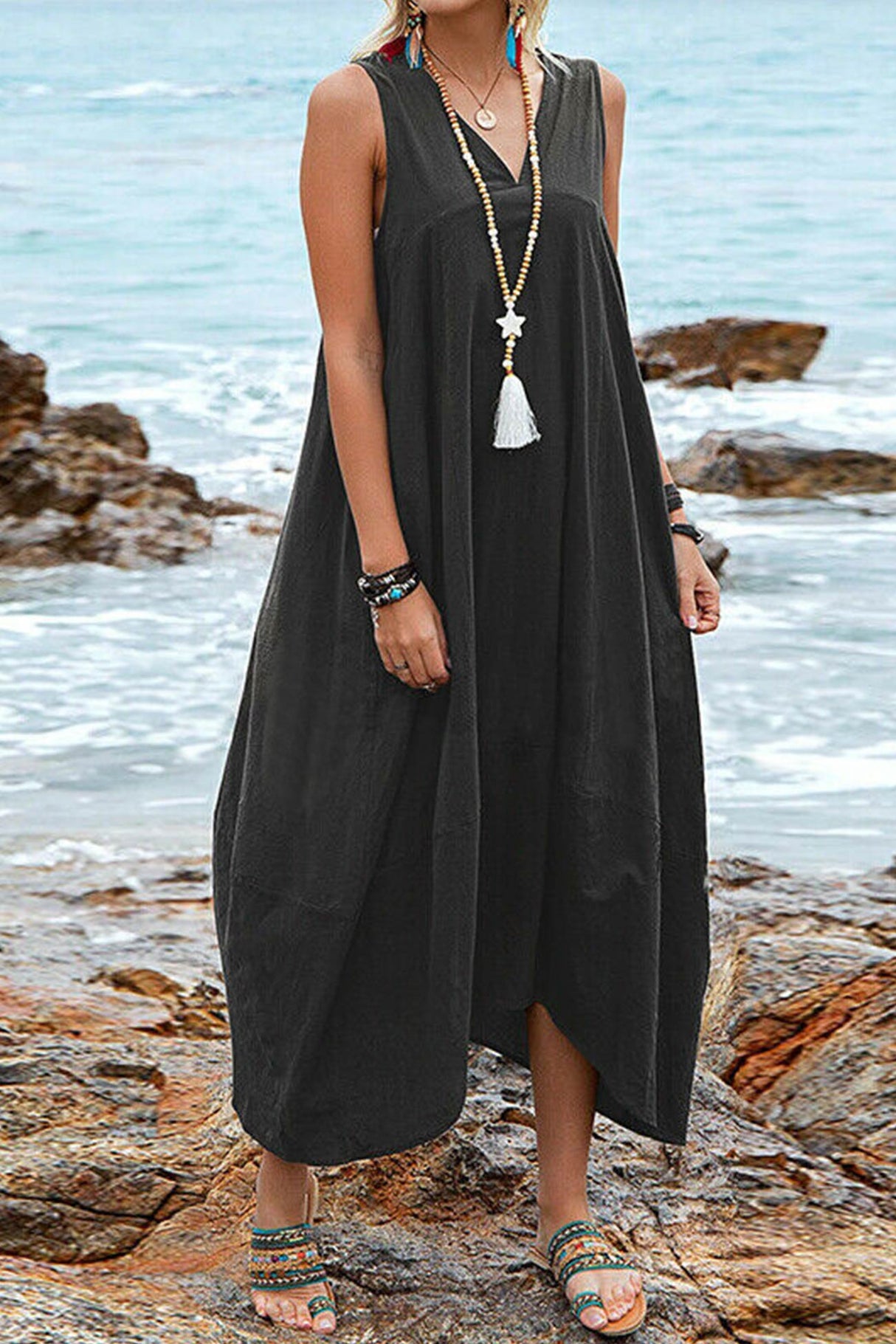 Arolora v-neck-pocketed-large-hem-sundress