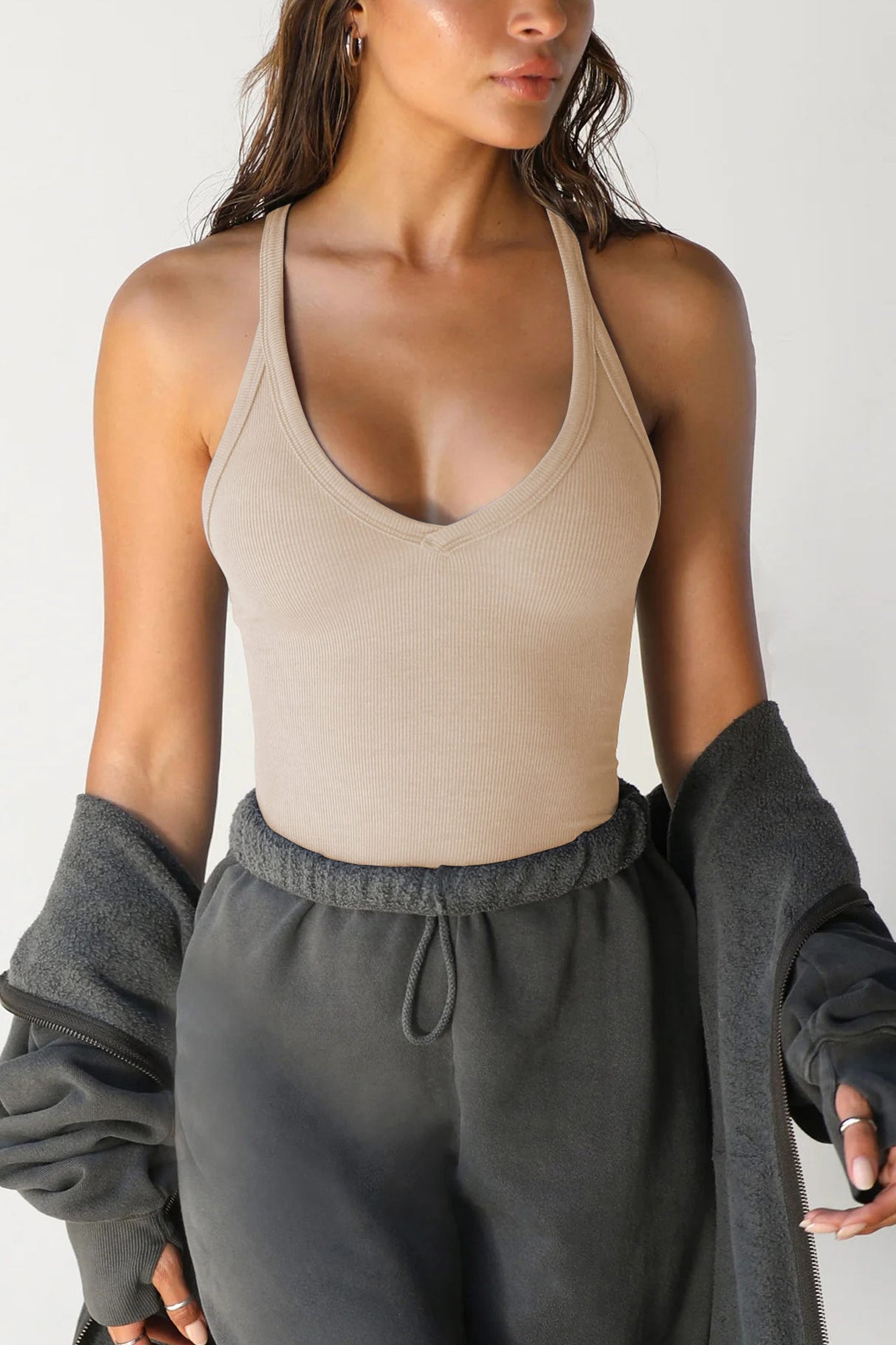 Arolora V Neck Slim Fit Ribbed Cami Vest