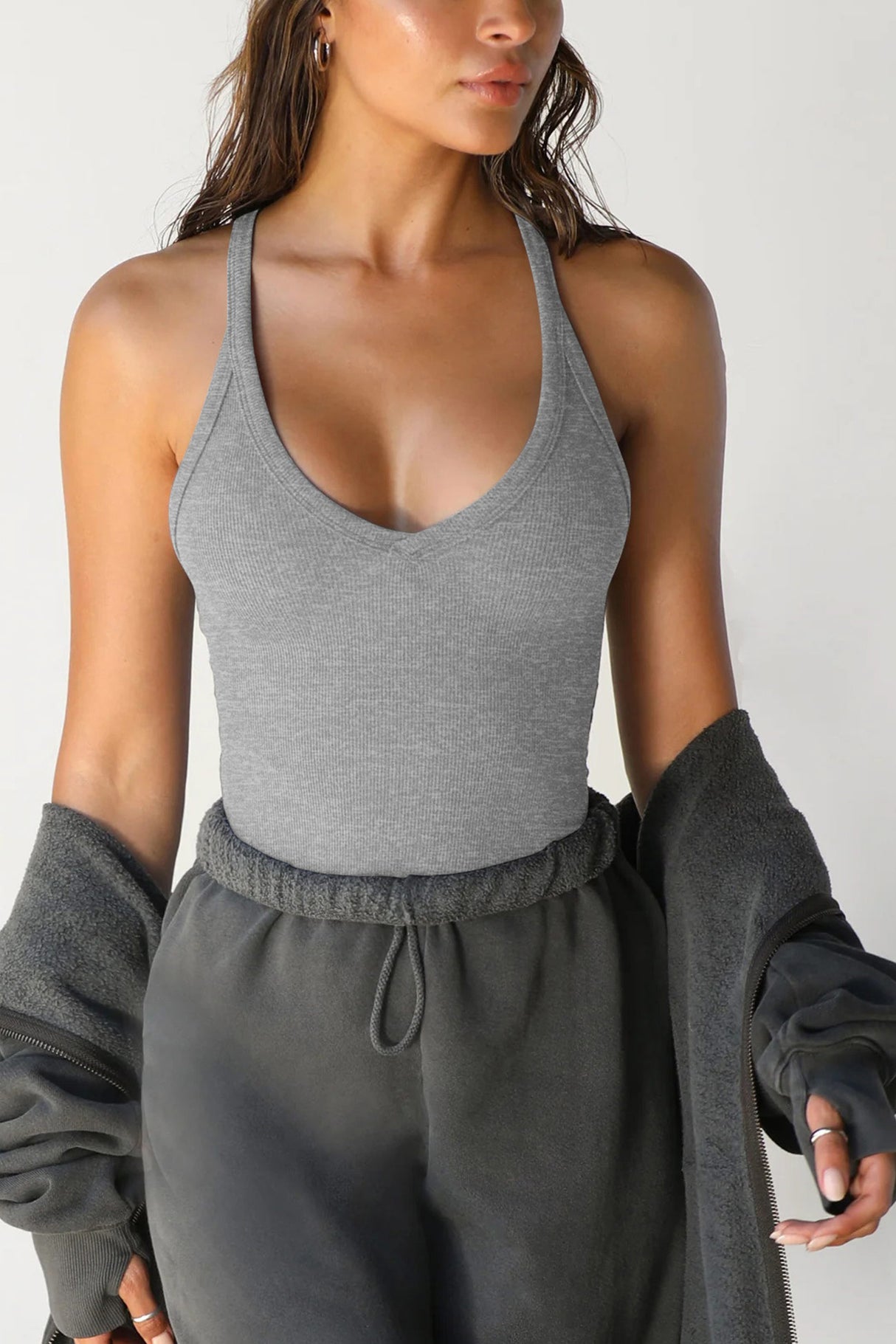 Arolora V Neck Slim Fit Ribbed Cami Vest