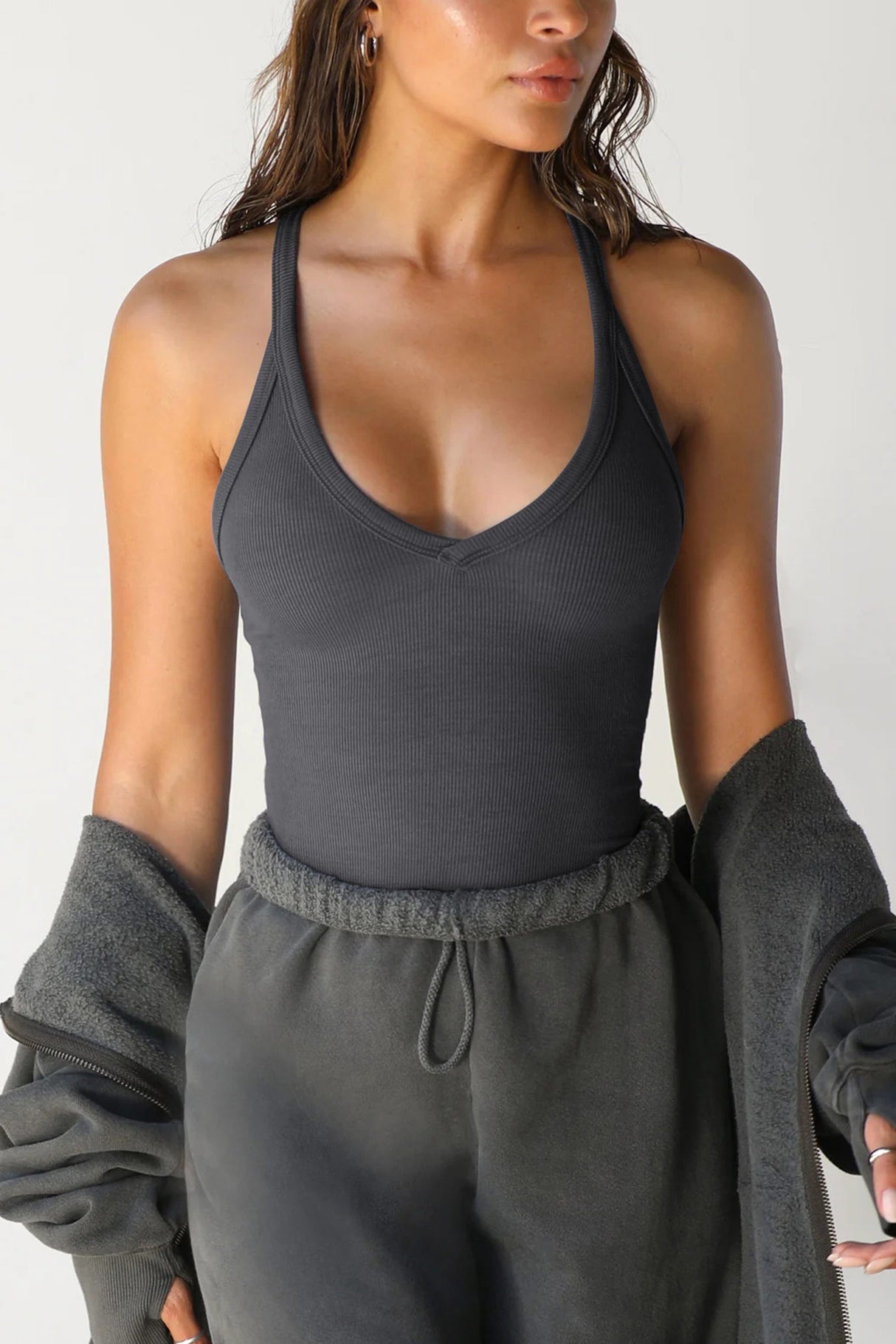 Arolora V Neck Slim Fit Ribbed Cami Vest