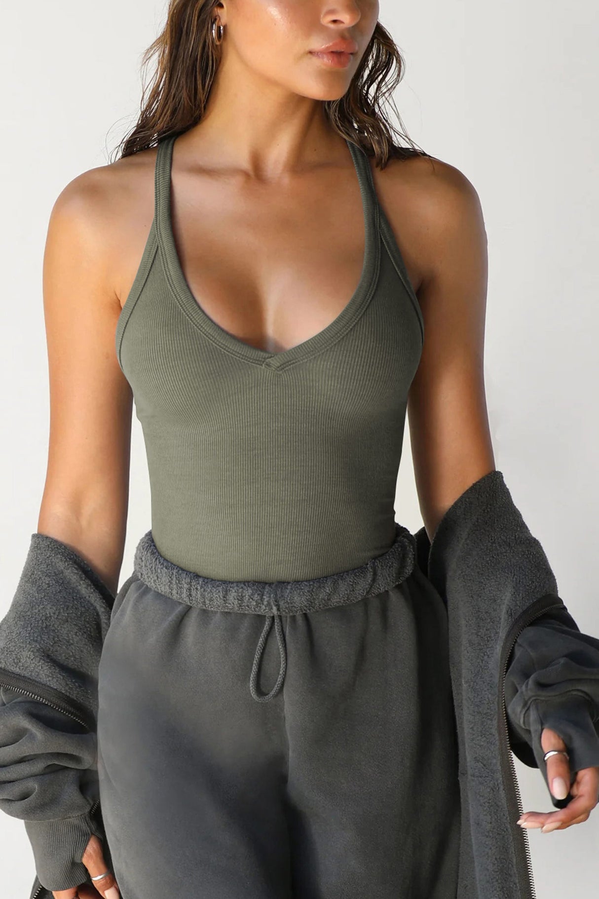 Arolora V Neck Slim Fit Ribbed Cami Vest