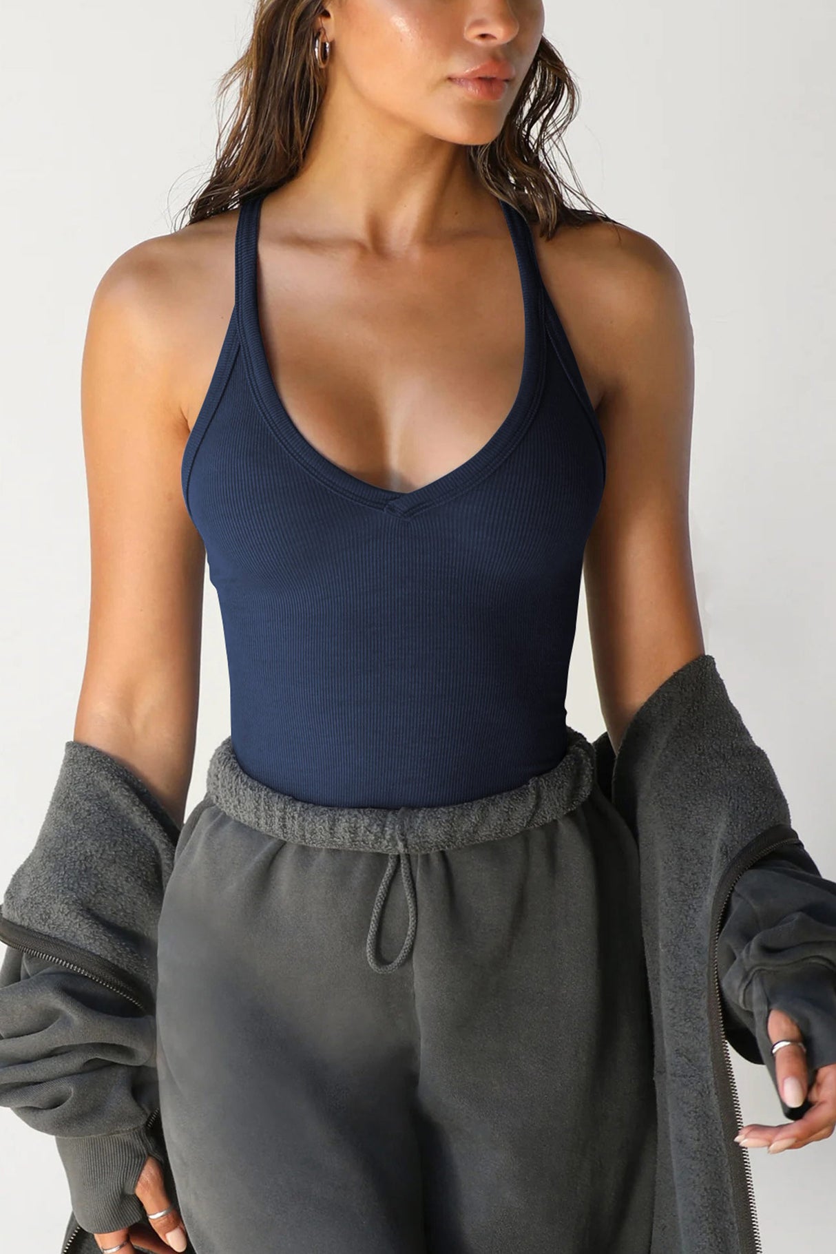 Arolora V Neck Slim Fit Ribbed Cami Vest