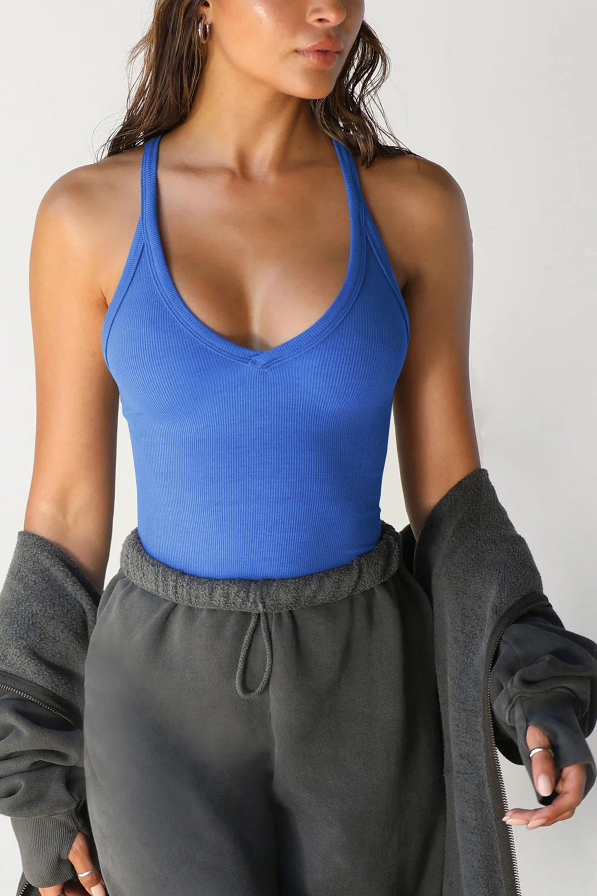 Arolora V Neck Slim Fit Ribbed Cami Vest