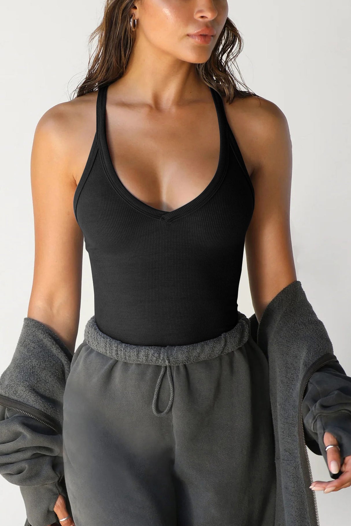 Arolora V Neck Slim Fit Ribbed Cami Vest