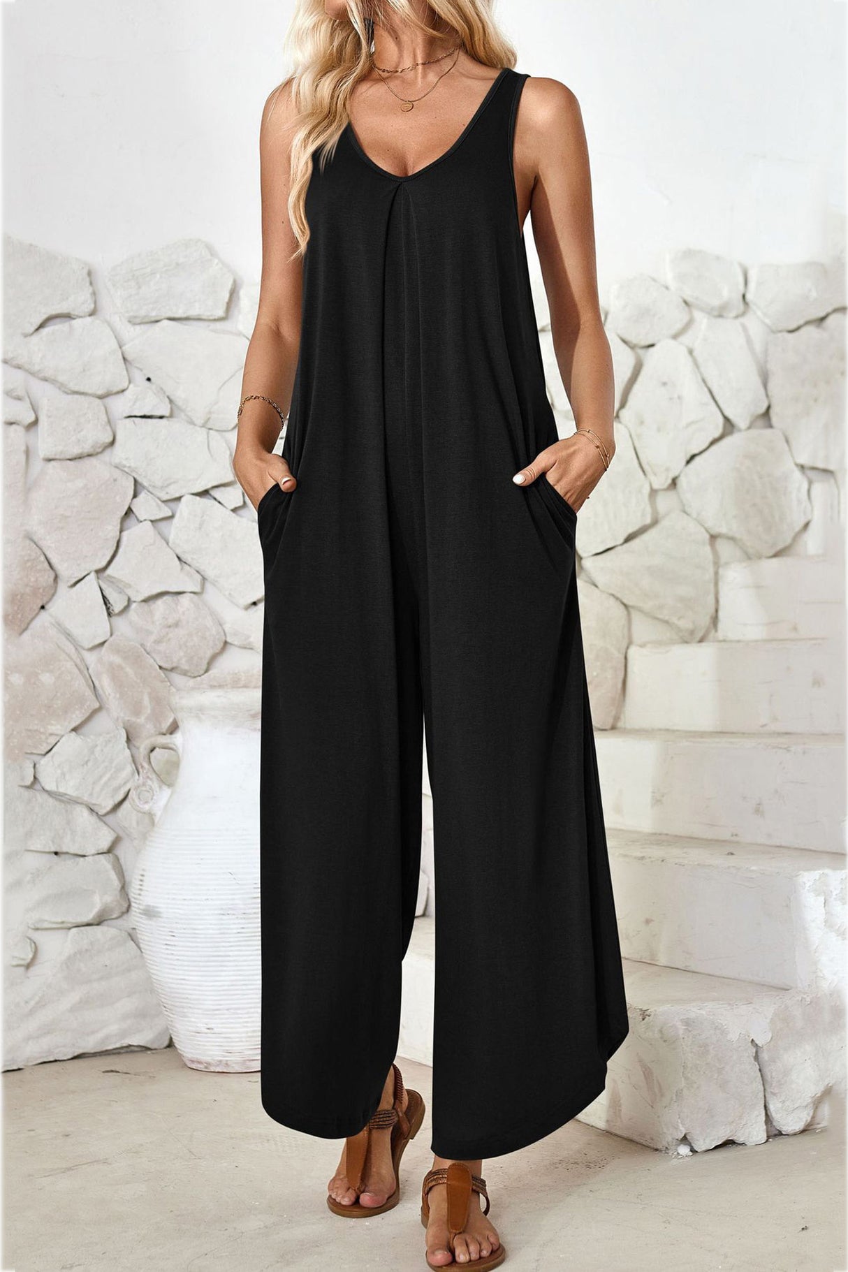 V Neck Solid Irregular Hem Cotton Jumpsuits