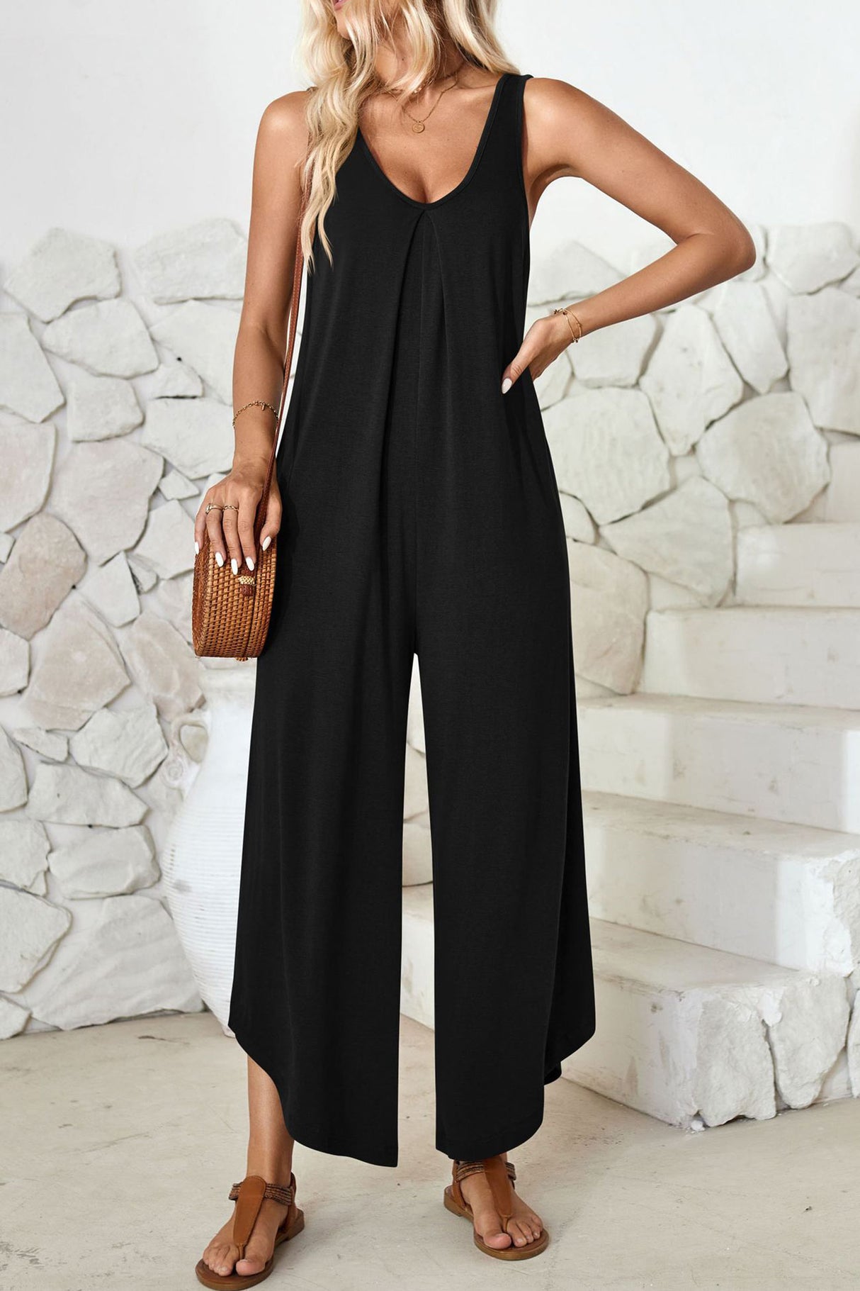 V Neck Solid Irregular Hem Cotton Jumpsuits