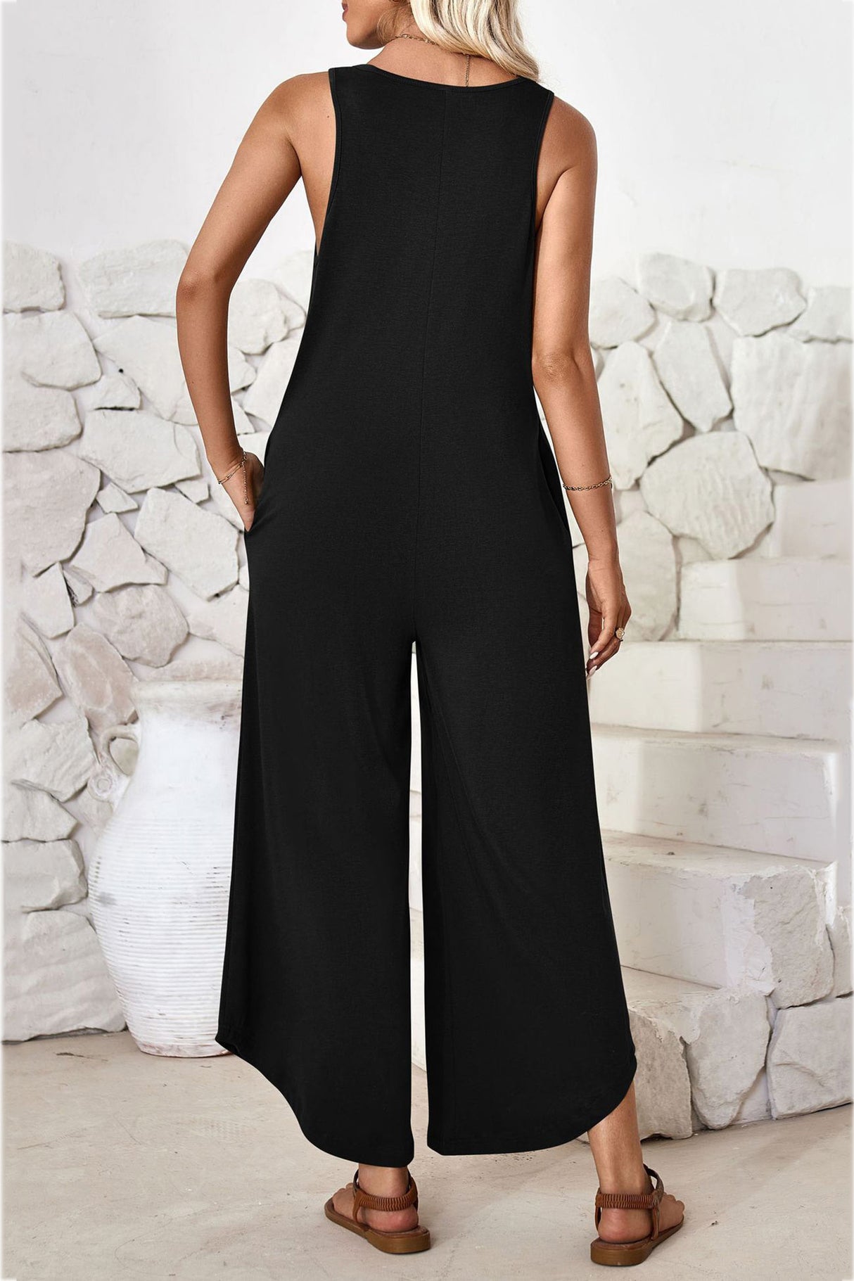 V Neck Solid Irregular Hem Cotton Jumpsuits