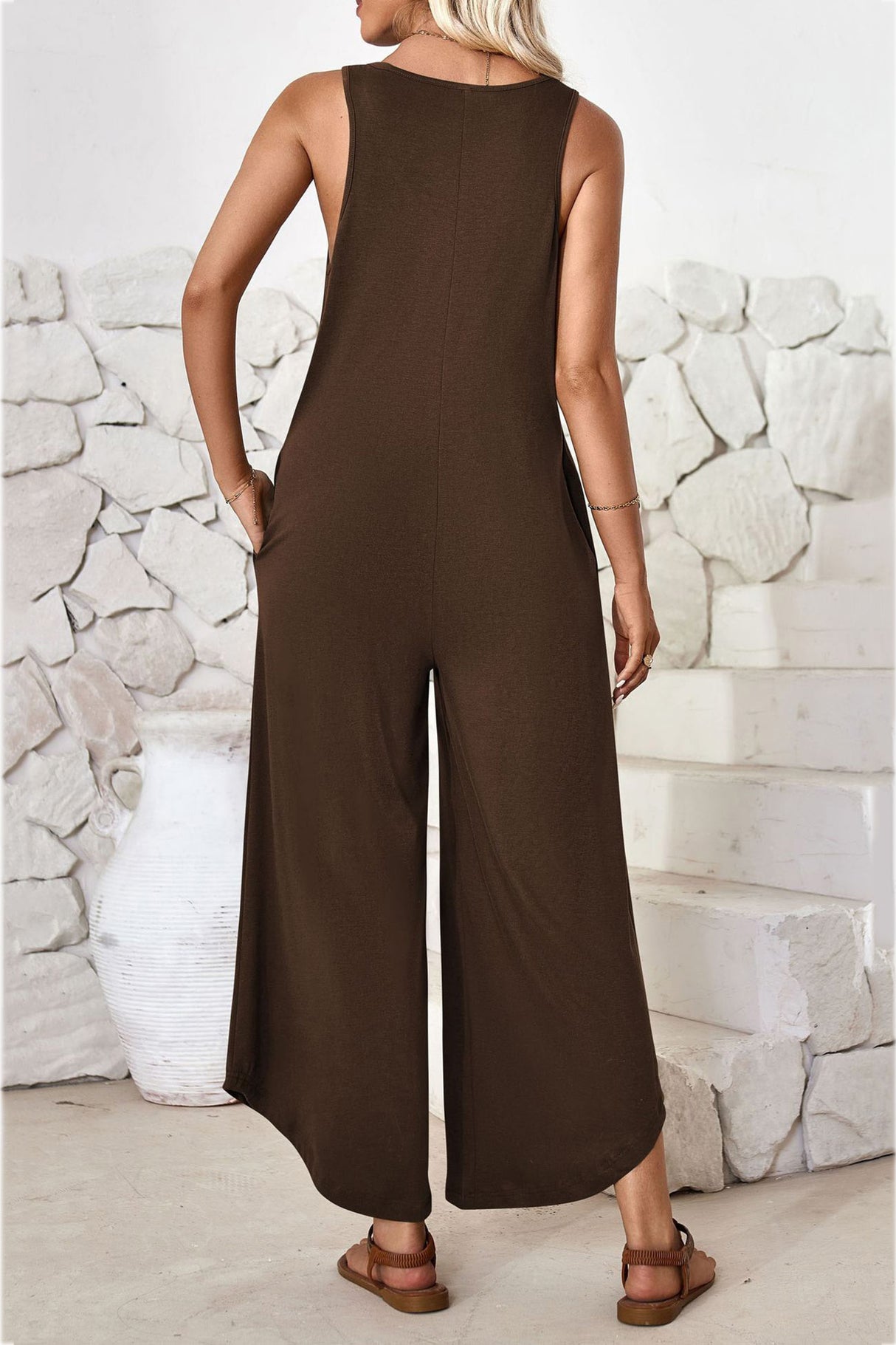 V Neck Solid Irregular Hem Cotton Jumpsuits