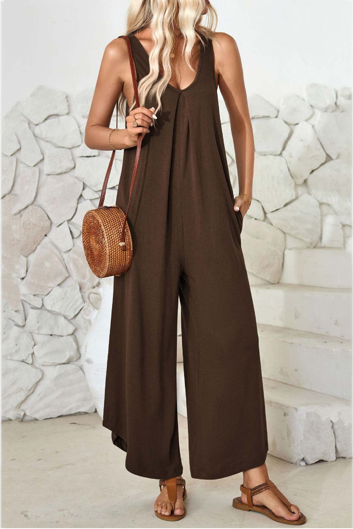 V Neck Solid Irregular Hem Cotton Jumpsuits