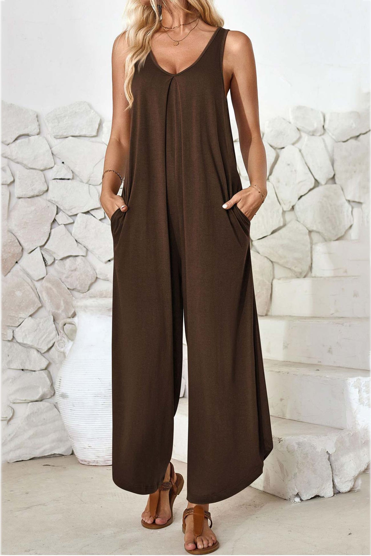 V Neck Solid Irregular Hem Cotton Jumpsuits