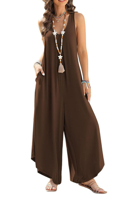 V Neck Solid Irregular Hem Cotton Jumpsuits
