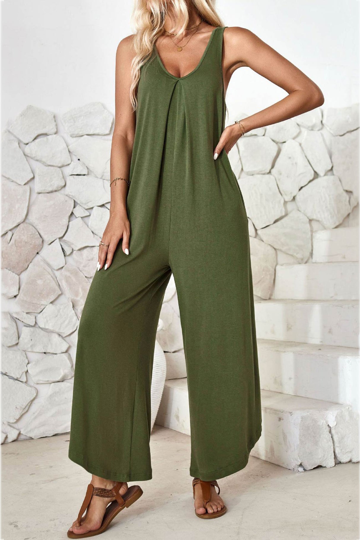 V Neck Solid Irregular Hem Cotton Jumpsuits